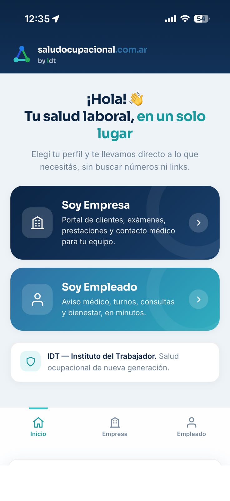 Pantalla de inicio mobile de saludocupacional.com.ar